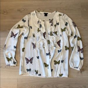 Ann Taylor butterfly button down with ruffles
